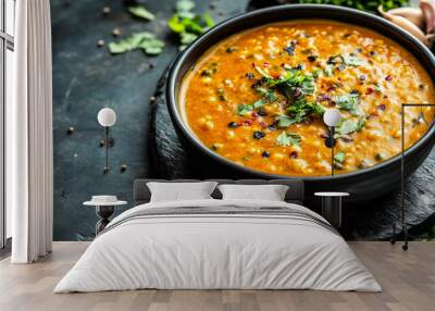 copy space, stockphoto, Masoor Dal Tadka dish. Delicious flavorful, healthy Indian lentil curry made with red lentils. Typical traditional Indian meal. Wall mural