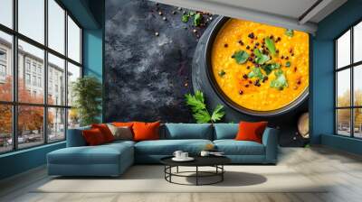 copy space, stockphoto, Masoor Dal Tadka dish. Delicious flavorful, healthy Indian lentil curry made with red lentils. Typical traditional Indian meal. Wall mural