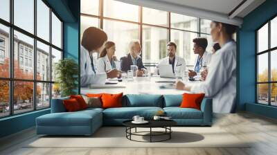 copy space, stockphoto, Medical team interacting at a meeting in conference room. Group of multiracial medical staff having a meeting in a room. Discussion in a meeting room. Wall mural