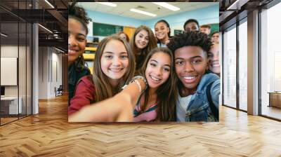 copy space, stockphoto, multiracial high school students taking a selfie in a classroom. Students with different ethnic background in school. Selfie portrait. Happy students together. Back to school t Wall mural