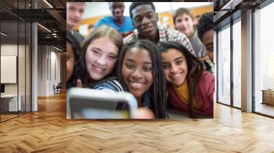 copy space, stockphoto, multiracial high school students taking a selfie in a classroom. Students with different ethnic background in school. Selfie portrait. Happy students together. Back to school t Wall mural