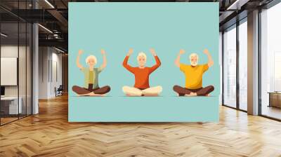 copy space, vector illustration, flat 2D illustration, elderly people doing yoga, eldery people sitting down on the Floor, yoga session. Mental healthcare. Preventative healthcare and active lifestyle Wall mural