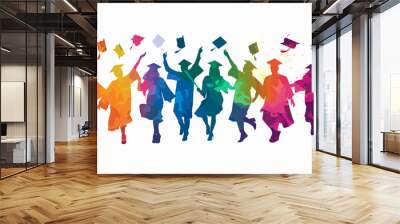 copy space, vector illustration, Happy graduates in graduation caps. Cheerful people, colored silhouette. high school graduation. Colorful silhouette of graduates in caps. Beautiful colored background Wall mural