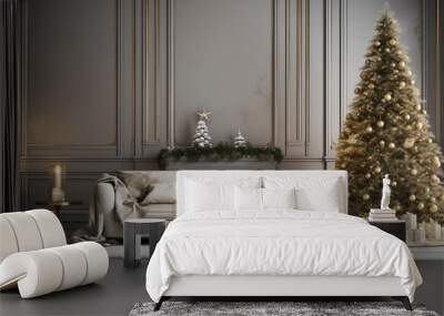 Exclusive luxury christmas interior, stunning atmosphere, wonderful christmas tree with beautiful decorations. An empty sofa is available. Beautiful Christmas presents laying unter the decorated Chris Wall mural