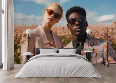 Fashion man and woman in flowers field. Young black man in suit and blond woman in dress in high grass flowers, fashion models. Fashion shoot, togetherness, beautiful people. Wall mural