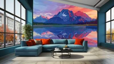 illustration, Vermilion lakes in summer, canada, during sunrise, Canadian rocky mountains. Must-see touristic spot in nature in Banff National Park, Alberta, Canada. Wonderful nature scenery during ea Wall mural