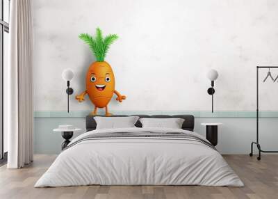 Illustration of a cute carrot character with copy space available. Smiling carrot vegetable. Healthy fresh food concept. Animated film character. Wall mural