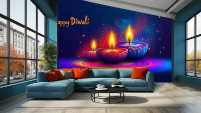 Illustration of Diwali festival Diya Lamp with rangoli at the bottom, vibrant colors, text 