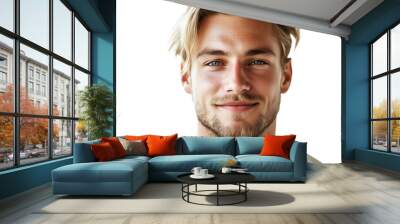 Portrait of handsome blonde European male model looking with a smile on face, isolated on transparent background. Attractive masculine model, blond hair. Design element for poster, publicity. Wall mural