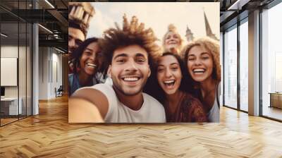 Selfie of a multiracial group of cheerful young friends have fun travel together. Visit Europe, tourism, hostel and cheap flights concept. Happy people. Students travelling to europe. Visiting famous  Wall mural