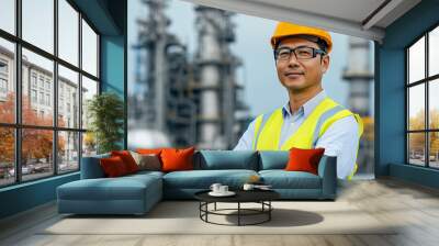 Senior asian Engineer wearing glasses helmet and safety vest in front of an industrial power plant or factory. Experienced, highly educated asian civil or industrial engineer. Middle-aged man. Wall mural