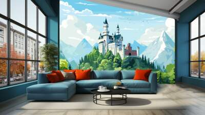 simple vector flat vector illustration, Neuschwanstein Castle in a wonderful alpine landscape. Neuschawnstein Castle in the Bavarian Alps. Beautiful trave destination. Bavaria. Wall mural