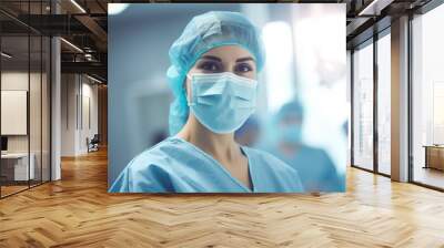 Smiling surgeon middle east woman in surgical operating room, talented doctor surgeon successfully performed complex surgery on patient, happy smiling middle east woman in medical coat and cap. Profes Wall mural