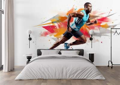 stockphoto, athlete graphic placement, print for sport, minimalistic. Strong athletic male figure sprinting. Simple background. Copy space available. Wall mural