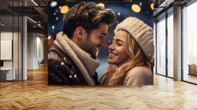 stockphoto, Attractive young couple having a cheerful time with on a while visiting a Christmas market, winter wonderland. Christmas holidays. Wall mural