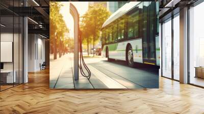 Stockphoto, copy space, modern public transport bus charging on an electric charging point, renewable energy theme. Clean green energy, zero waste. Wall mural