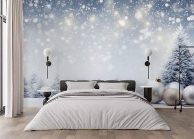 stockphoto, festive celebrate christmas eve background concept banner of xmas decorate ball and snow flake christmas tree white colour scheme mock up template seasonal design. Design for christmas car Wall mural