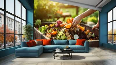 stockphoto, Person composting food waste in backyard compost bin garden. Person putting green waste into a compost bin. Sustainability, ecology. Environment. Wall mural