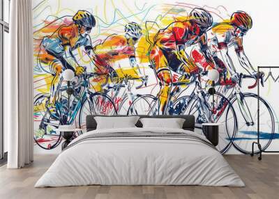 Tour de France cycling sport competition, colored line art illustration; intense race. Spectacular world famous bicycle competition in France, europe. Poster or background design. Wall mural