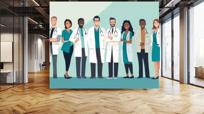 vector illustration, copy space, medical healthcare team, docters with different ethnic background discussing, surgeon clothing, health care, medicine. Teamwork. Wall mural