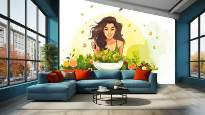 vector illustration, flat design, Young woman eating a healthy salad after workout. Fitness and healthy lifestyle concept. Concept of heatly food, preventive healthcare Wall mural