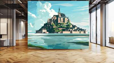 vector illustration, mont saint michel, Normandy, france. World famous must-see tourist attraction? Touristic hotspot. Rock formation with roman church and houses. France. Wall mural