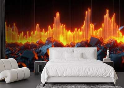 Abstract Digital Cityscape with Glowing Orange Lines over Dark Rocks Wall mural