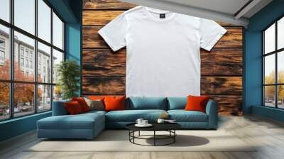 Blank White TShirt Mockup on Rustic Wooden Background Wall mural