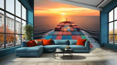 Cargo Ship Sailing Towards a Vibrant Sunset, Representing Global Trade and Logistics Wall mural