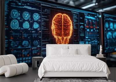 Digital Brain Scan on Computer Screen  Medical Technology Concept Wall mural