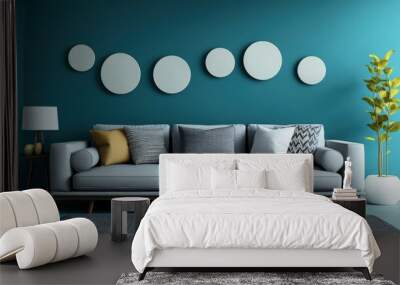 Modern Teal Living Room Interior Design with Grey Sofa and Round Wall Decor Wall mural