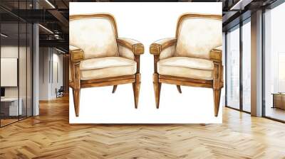 Pair of Elegant Vintage Armchairs with Brown Wood and Cream Upholstery Wall mural