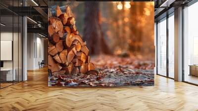 Stack of Firewood in Autumn Forest at Golden Hour Wall mural