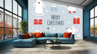 Cute cartoon mouse set. Funny mice with christmas tree, garland,  on skates. Cartoon Christmas and new year 2020 cute mouse, rat set. Vector collection of chinese 2020 new year symbol Wall mural