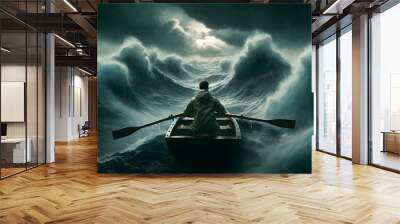 A man rows a small boat amidst towering waves in a violent sea storm, battling against the elements under a dark, ominous sky, showcasing nature's fury and his determination. Wall mural