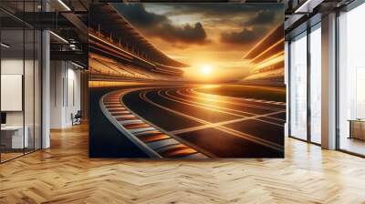 A race track at sunset with an empty grandstand, capturing the serene moment before the rush of a race. Wall mural