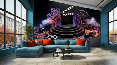 A vibrant and futuristic cinema display with swirling neon lights, film reels, and a clapperboard, set against a dark, smoky background. Wall mural