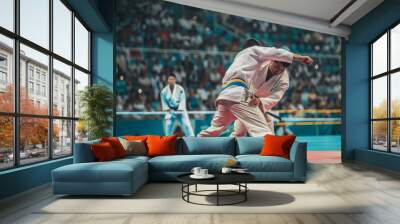 Asian men doing judo martial arts at olympic event - Models by AI generative Wall mural