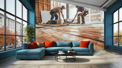 Male workers building wooden floor in home construction project with tool and materials indoor - Models by AI generative - Focus on the floor Wall mural