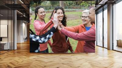 Multiracial women stacking hands outdoor at city park - Main focus on center senior woman face Wall mural