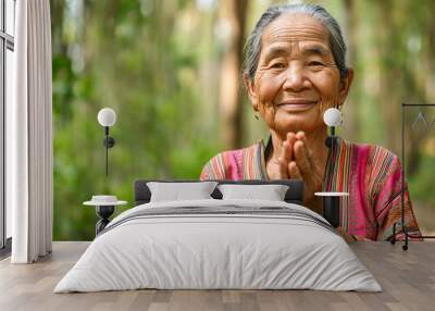 Old asian woman holds her hands in prayer outdoor - Model by AI generative Wall mural