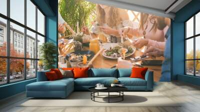 Young people eating brunch and drinking smoothies bowl with ecological straws in trendy bar restaurant - Healthy lifestyle, food trends concept - Focus on left girl face Wall mural