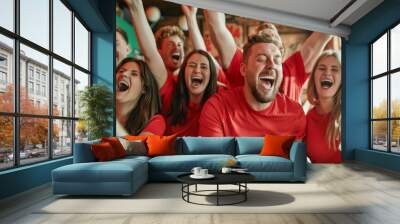 Young sport fans screaming while supporting their team watching Euro 2024 - Football supporters having fun while wearing red t-shirts - Event and betting concept - Models by AI generative Wall mural