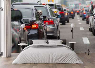 Cars on road highway in traffic jam Wall mural