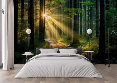 a tranquil forest pathway with rays of sunlight filtering through the trees, stunning scenic world l Wall mural