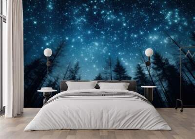 Enchanted Night: A Forest Canopy Under a Starlit Sky, Horizontal Wallpaper Background
 Wall mural