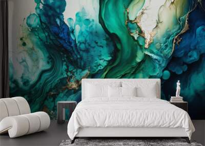 green tan blue ink paint cloud alcohol drip liquid flow wave abstract splatter color marble background wallpaper Wall mural