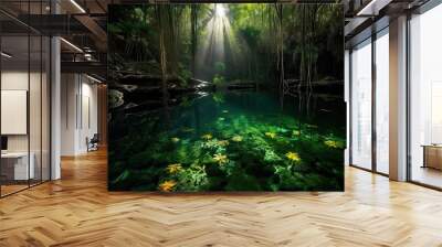 Mayan Cenotes in the Yucatan Peninsula, near Tulum Mexico, Stunning Scenic Landscape Wallpaper, Generative AI Wall mural