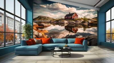 Scandinavian Fjords in Norway and Sweden, House on Water, Stunning Scenic Landscape Wallpaper, Generative AI Wall mural