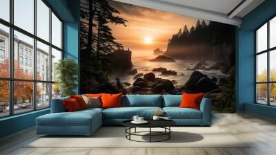 Sunset over Pacific Northwest Oregon Coastline with rocks, fjords, bays, including Puget Sound, Washington, Stunning Scenic Landscape Wallpaper, Generative AI Wall mural